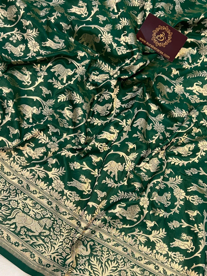 Bottle Green Banarasi Handloom Pure Katan Silk Saree - Aura Benaras