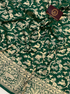 Bottle Green Banarasi Handloom Pure Katan Silk Saree - Aura Benaras