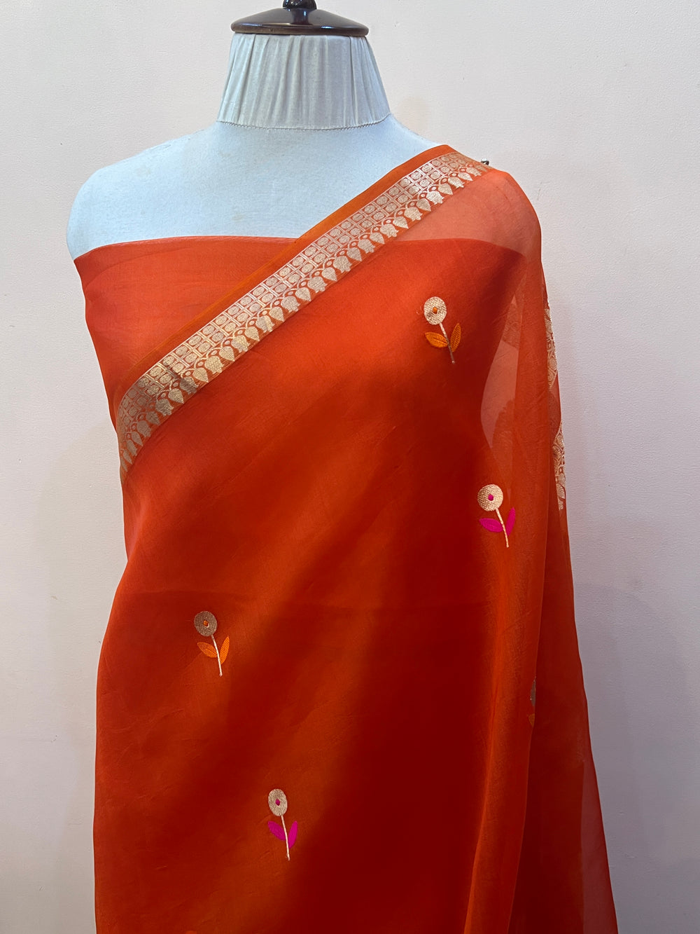 Orange Pure Kora Silk Handloom Banarasi Saree