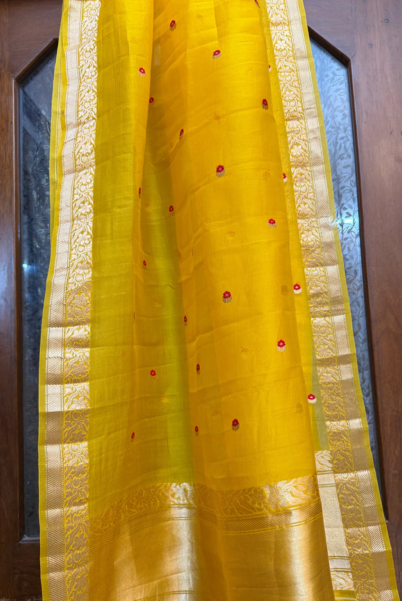 Yellow Kora Silk Banarasi Dupatta with Kadhwa Zari Work