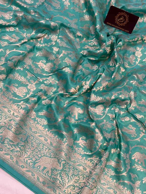 Sea Green Banarasi Handloom Pure Katan Silk Saree - Aura Benaras