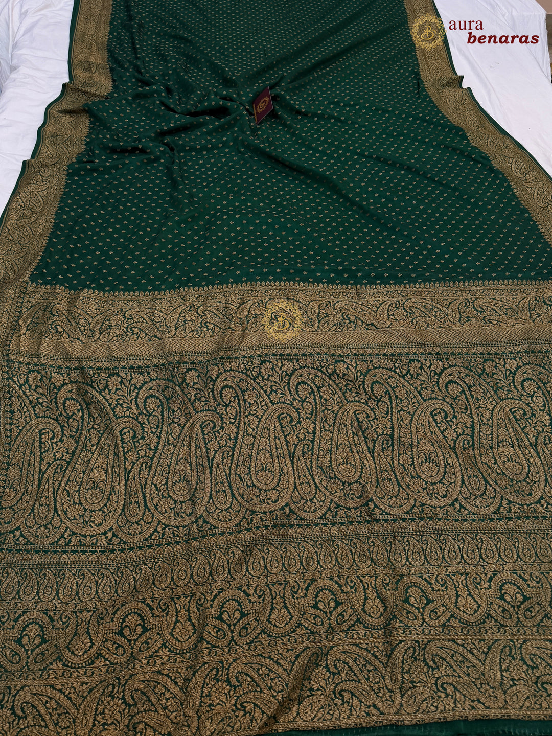 Bottle Green Pure Banarasi Khaddi Crepe Silk Saree 