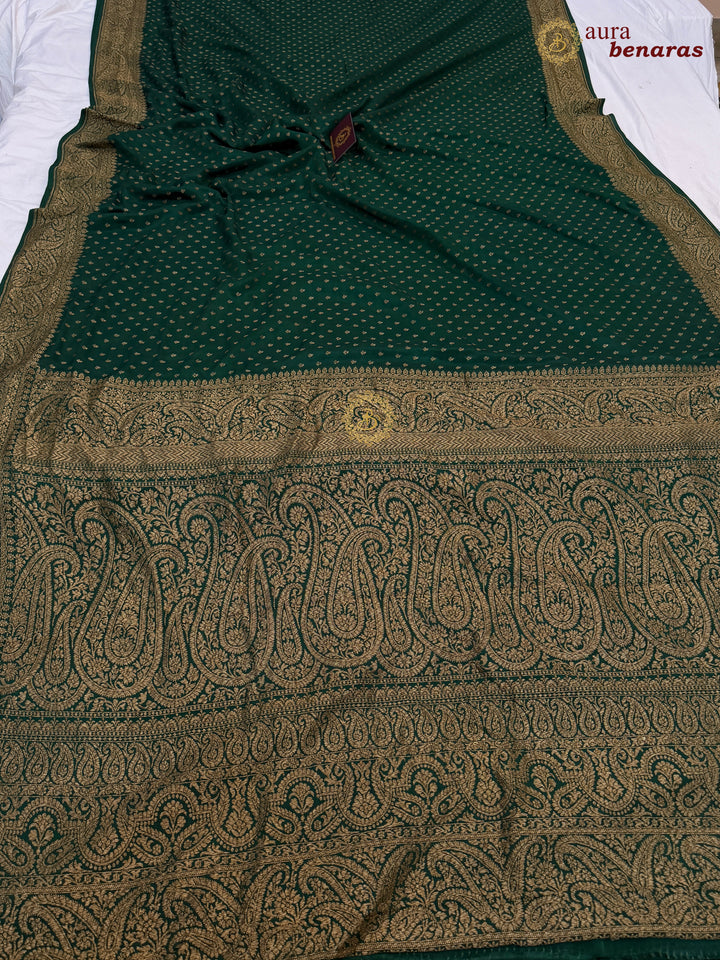 Bottle Green Pure Banarasi Khaddi Crepe Silk Saree 