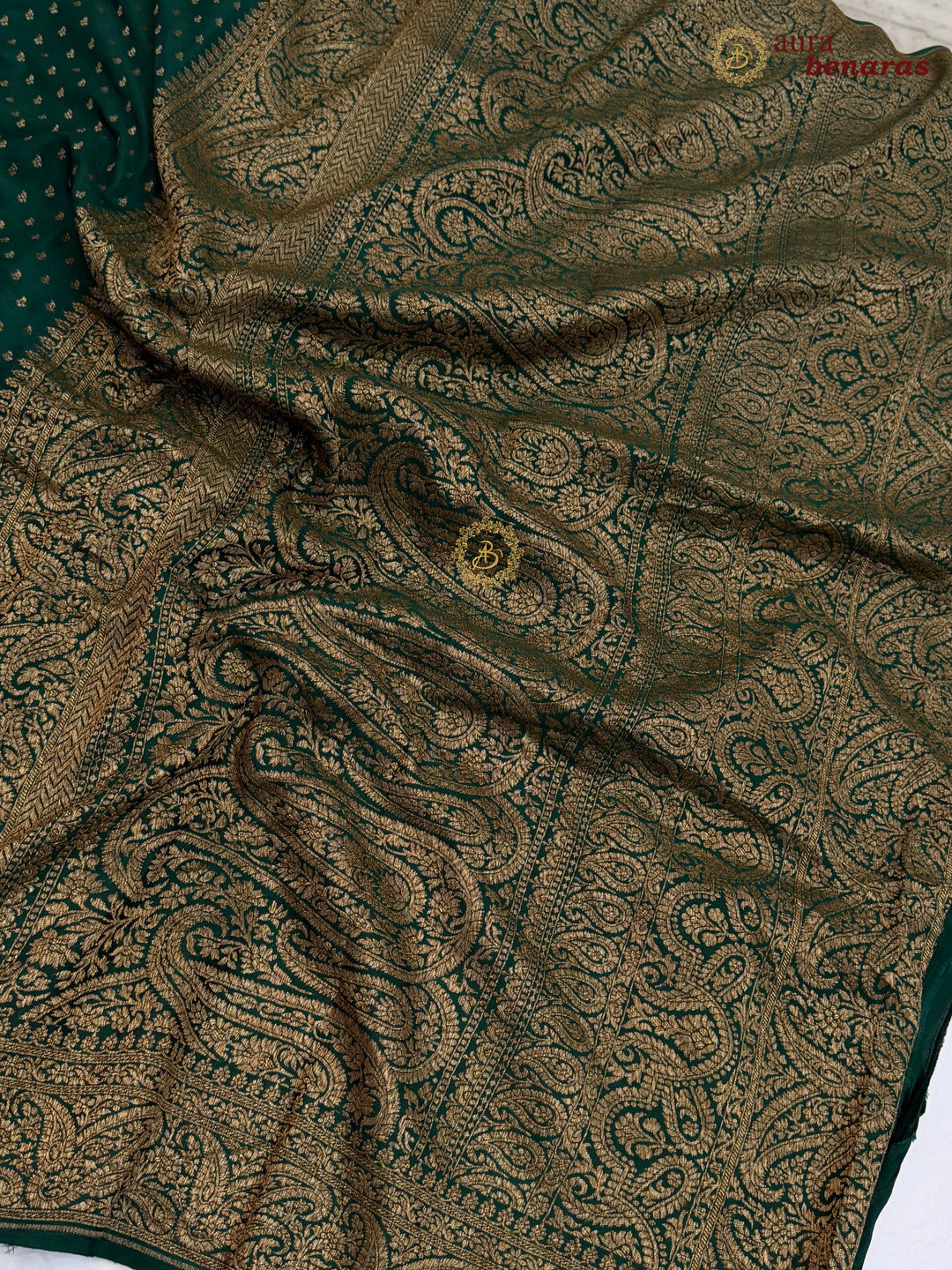 Bottle Green Pure Banarasi Khaddi Crepe Silk Saree 