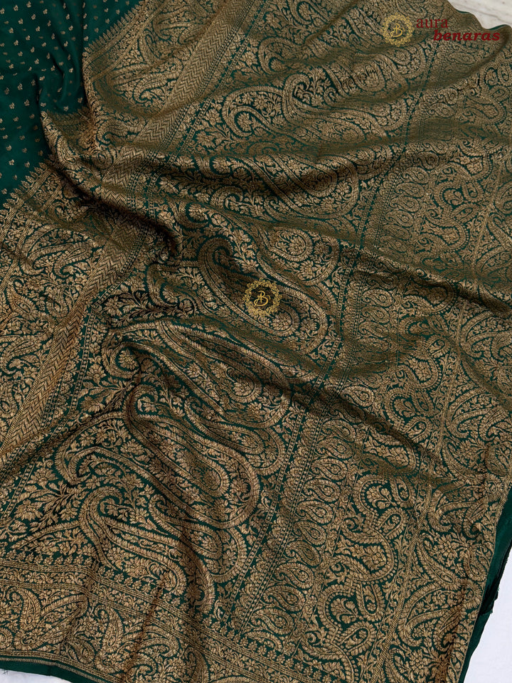 Bottle Green Pure Banarasi Khaddi Crepe Silk Saree 