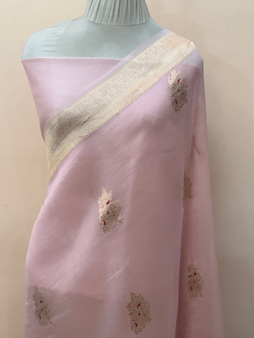 Pale Pink Pure Kora Silk Handloom Banarasi Saree