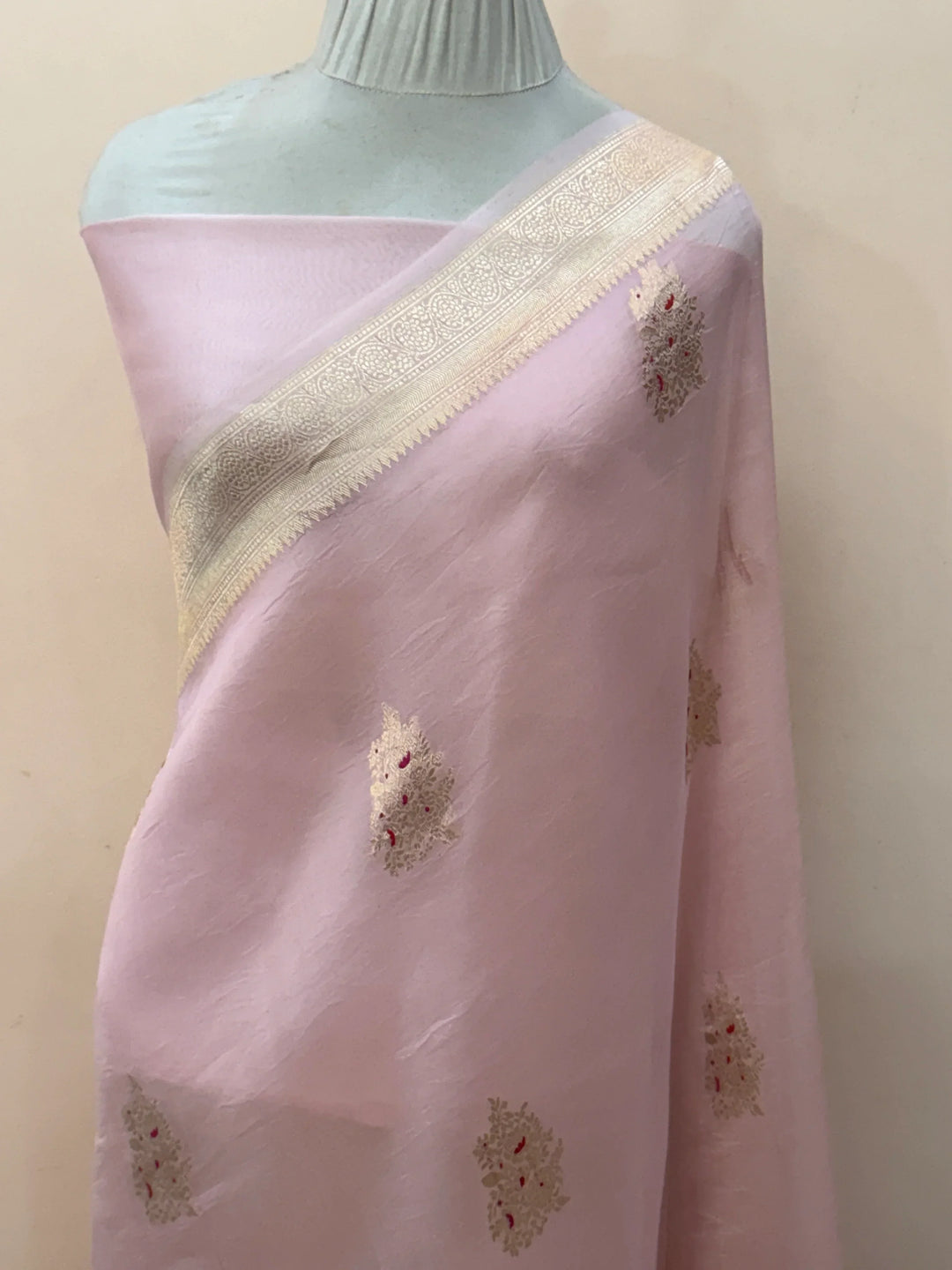 Pale Pink Pure Kora Silk Handloom Banarasi Saree
