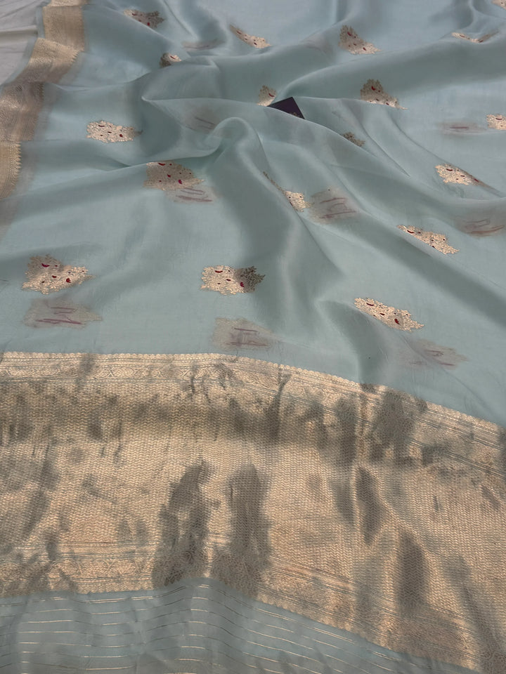 Pale Blue Pure Kora Silk Handloom Banarasi Saree