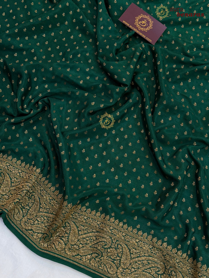 Bottle Green Pure Banarasi Khaddi Crepe Silk Saree 