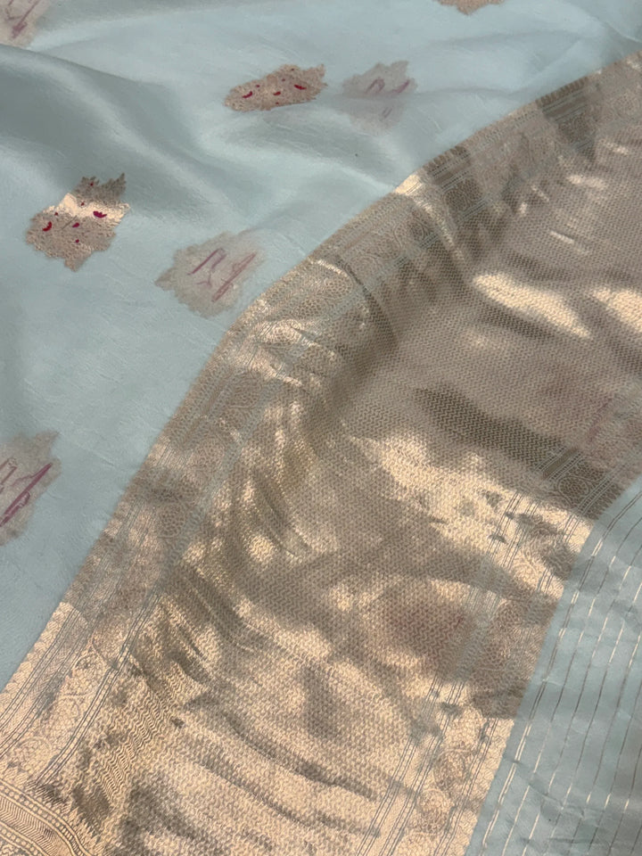 Pale Blue Pure Kora Silk Handloom Banarasi Saree