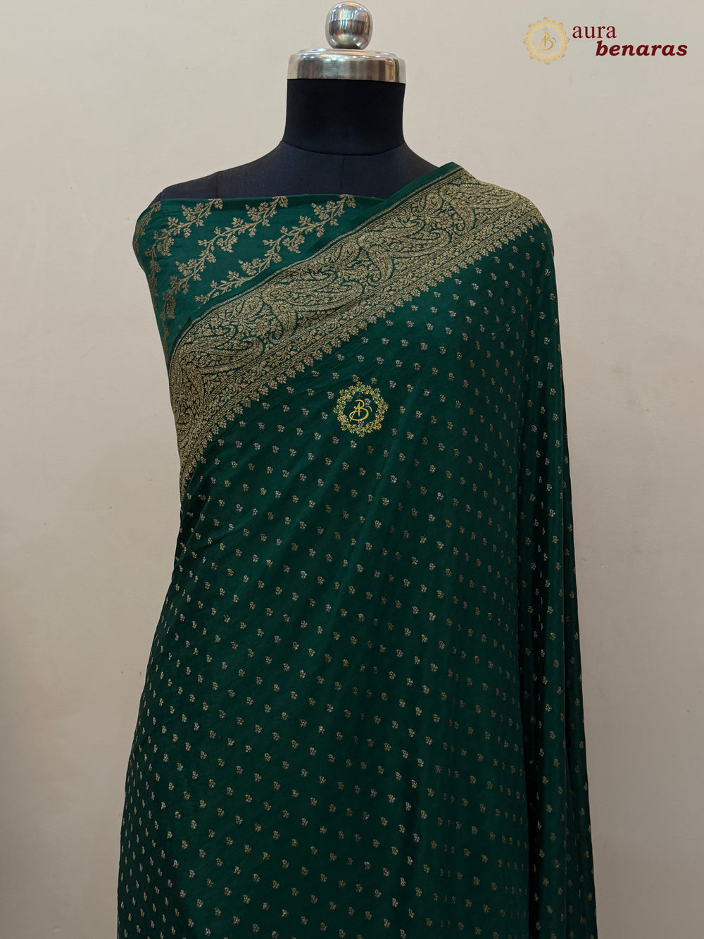 Bottle Green Pure Banarasi Khaddi Crepe Silk Saree 