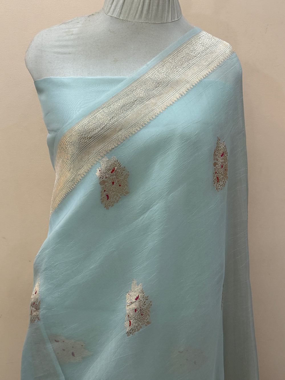 Pale Blue Pure Kora Silk Handloom Banarasi Saree