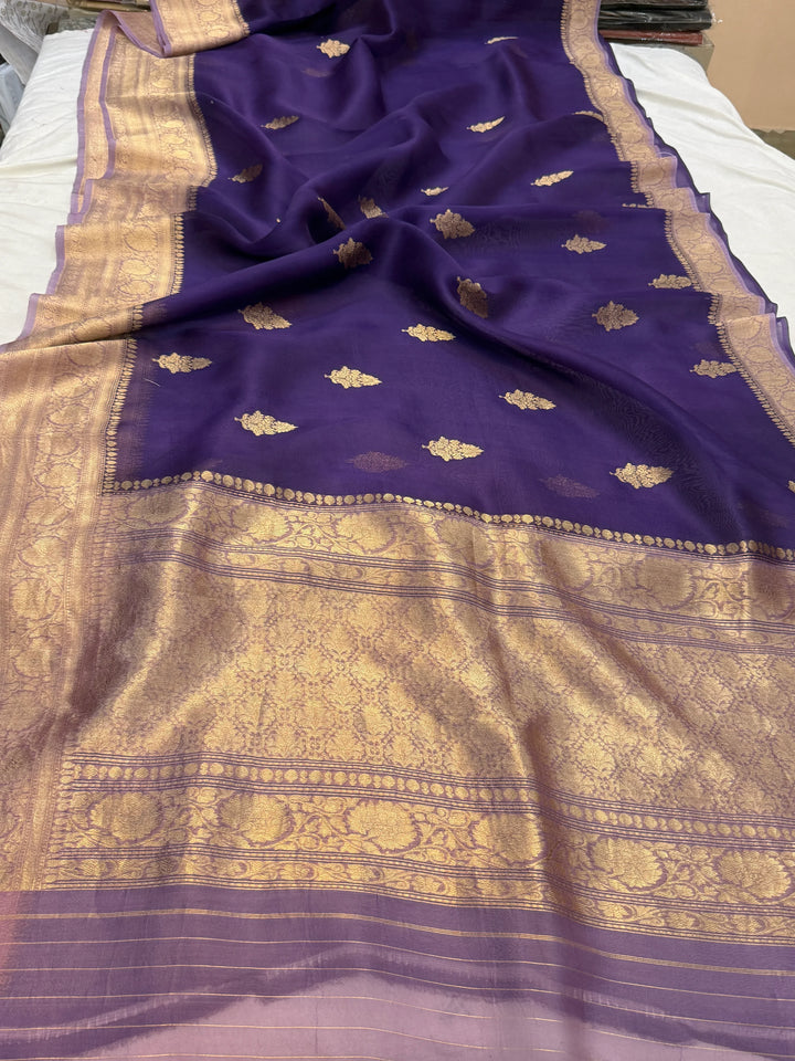 Deep Aubergine Banarasi Handloom Kora Silk Saree