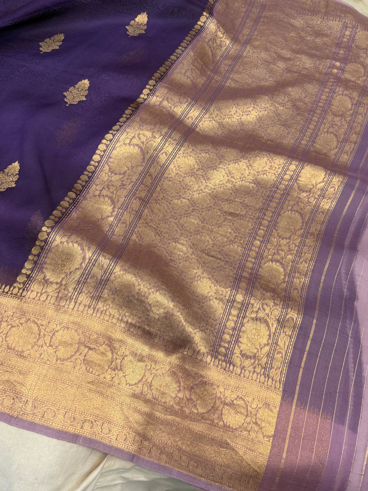 Deep Aubergine Banarasi Handloom Kora Silk Saree
