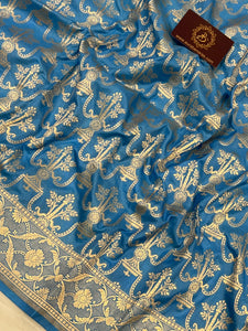 Blue Pure Banarasi Handloom Katan Silk Saree - Aura Benaras