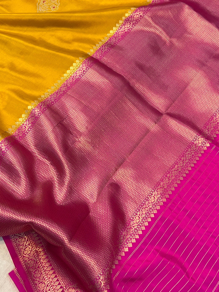 Buy Mustard Yellow Pure Banarasi Handloom Silk Saree | Aura Benaras
