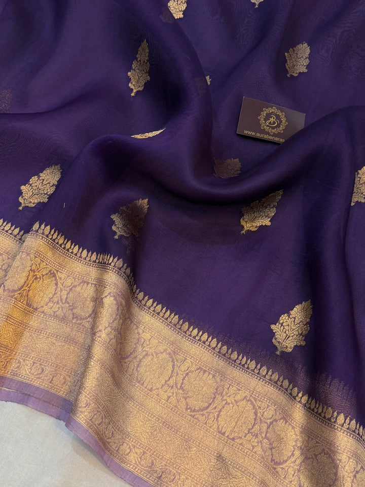 Deep Aubergine Banarasi Handloom Kora Silk Saree