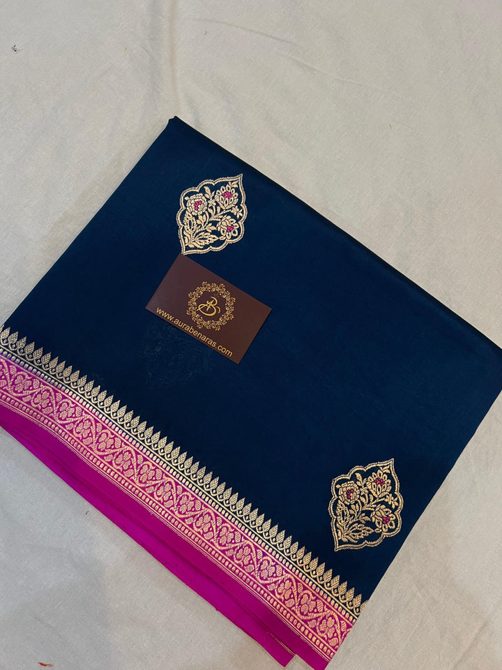 Buy Navy Blue Pure Banarasi Handloom Silk Saree | Aura Benaras