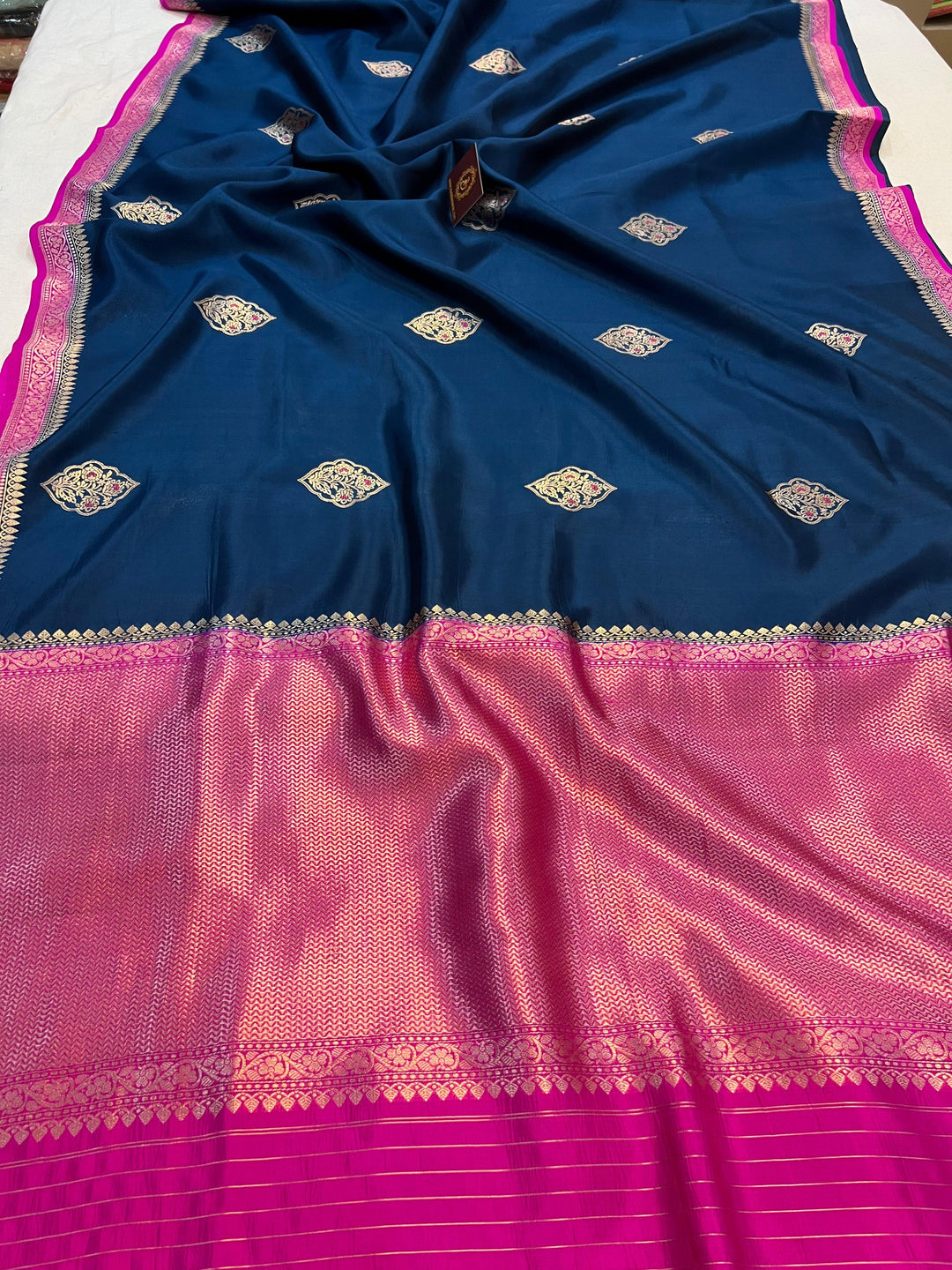 Buy Navy Blue Pure Banarasi Handloom Silk Saree | Aura Benaras