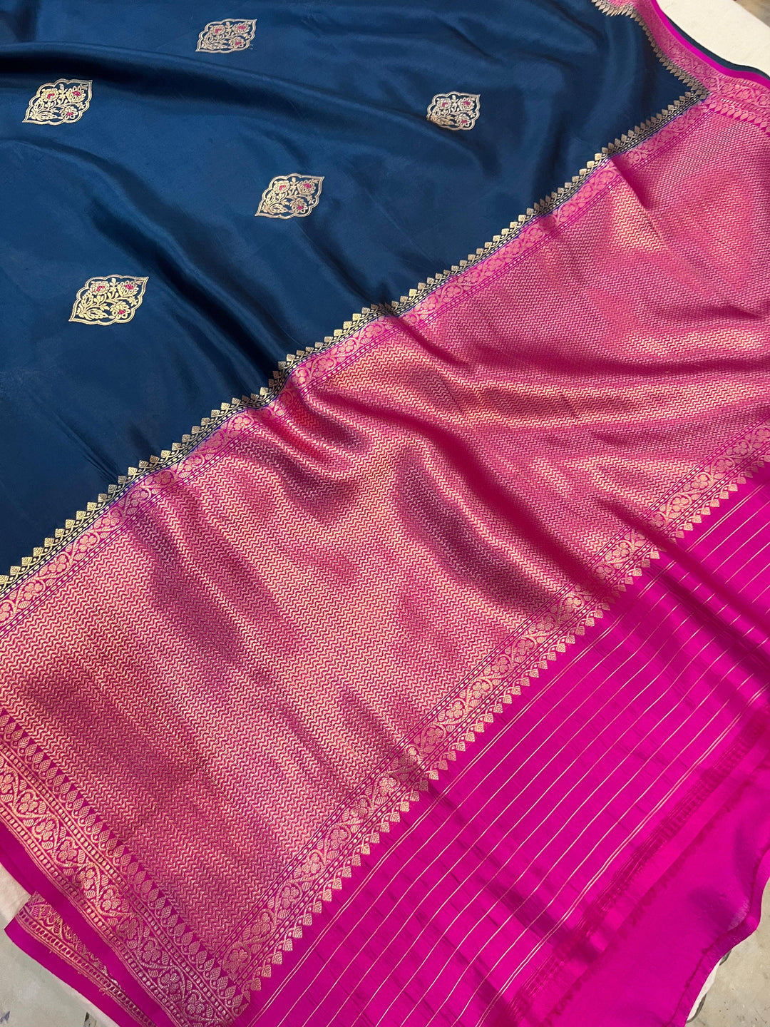 Buy Navy Blue Pure Banarasi Handloom Silk Saree | Aura Benaras