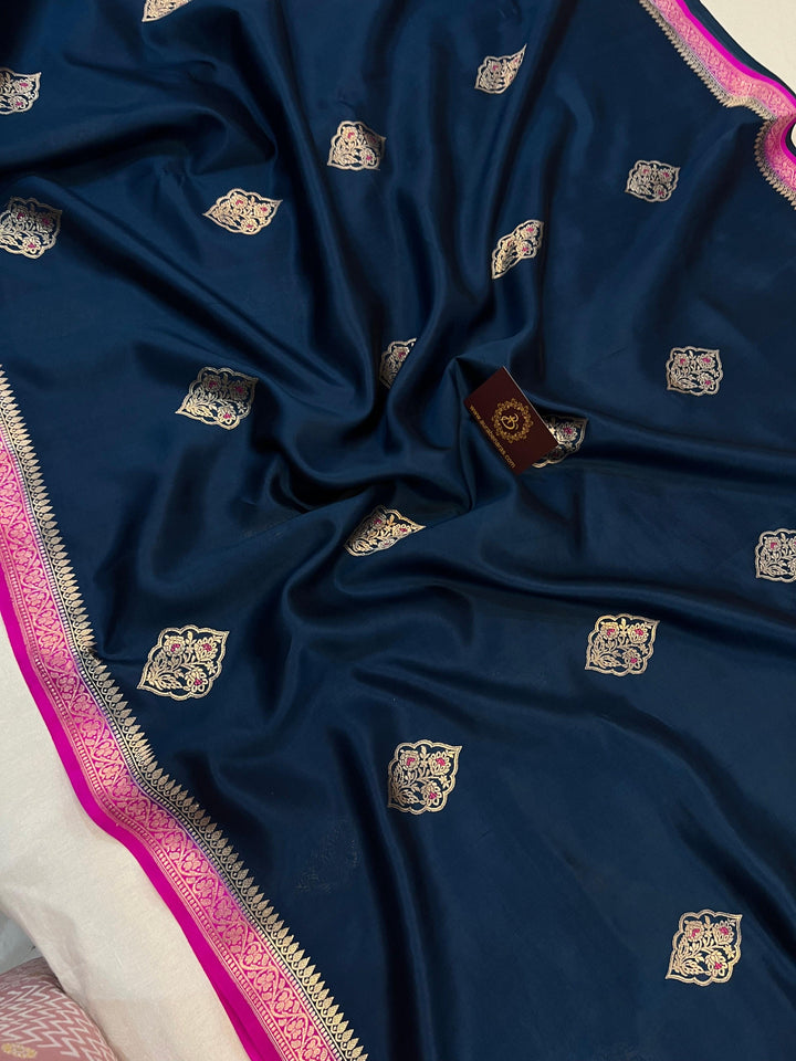 Buy Navy Blue Pure Banarasi Handloom Silk Saree | Aura Benaras