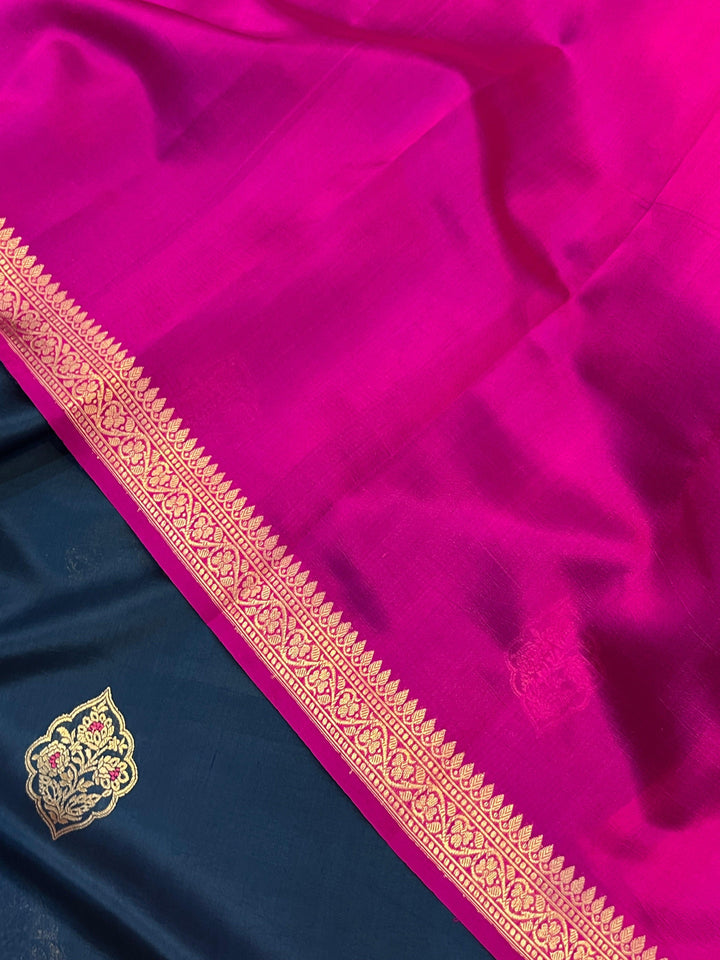 Buy Navy Blue Pure Banarasi Handloom Silk Saree | Aura Benaras