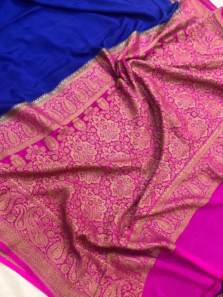 Royal Blue Pure Banarasi Khaddi Crepe Silk Saree - Aura Benaras