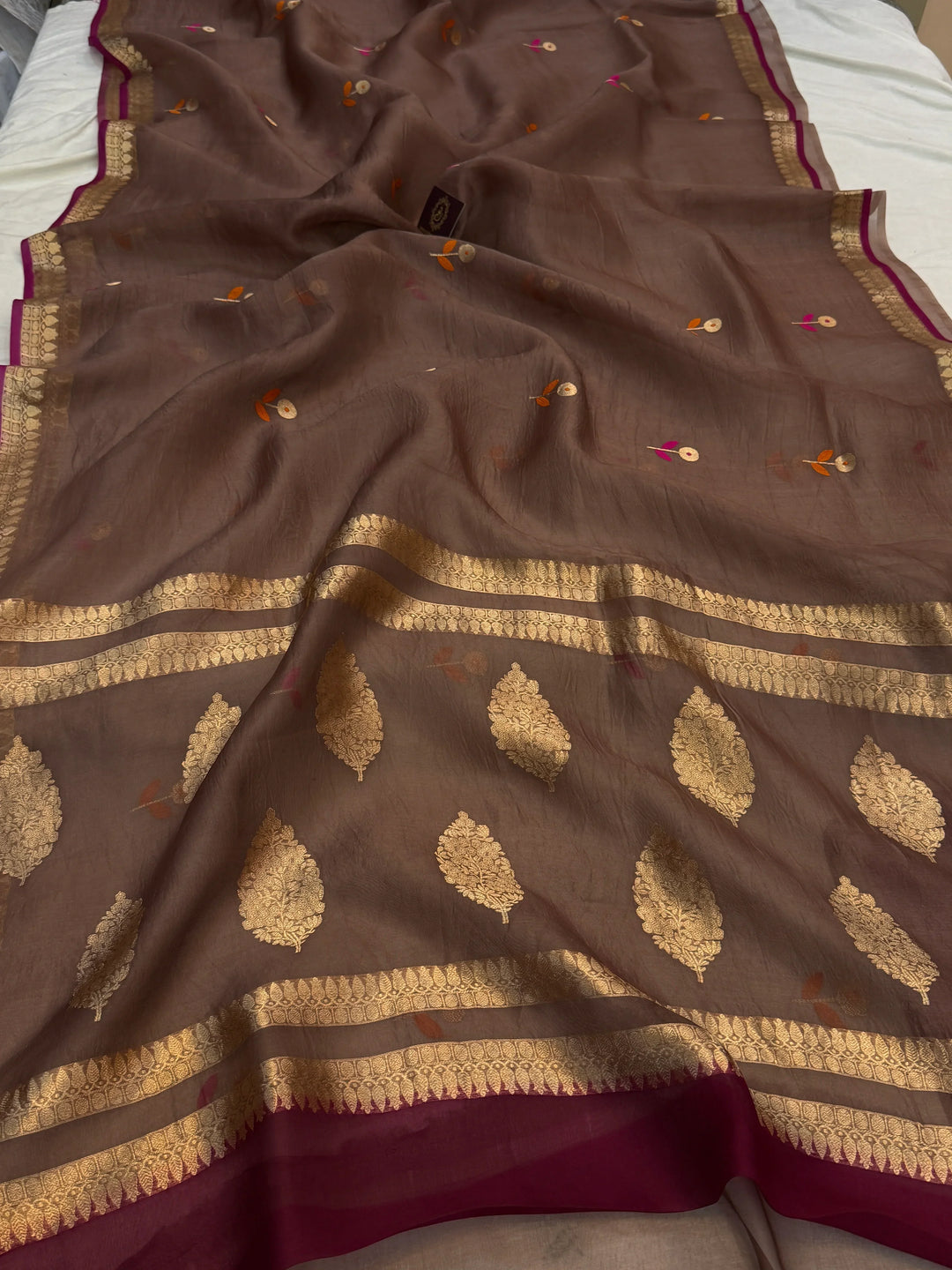 Brown Pure Kora Silk Handloom Banarasi Saree
