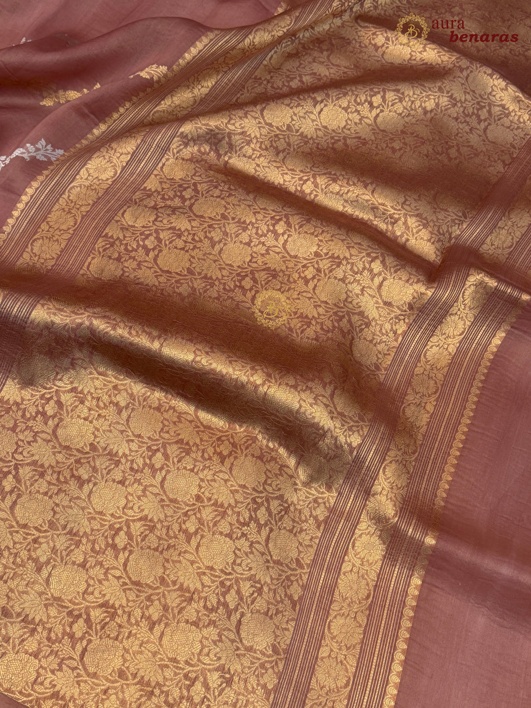 Dusty Rose Kora Silk Banarasi Saree with Kadwa Jaal – Aura Benaras