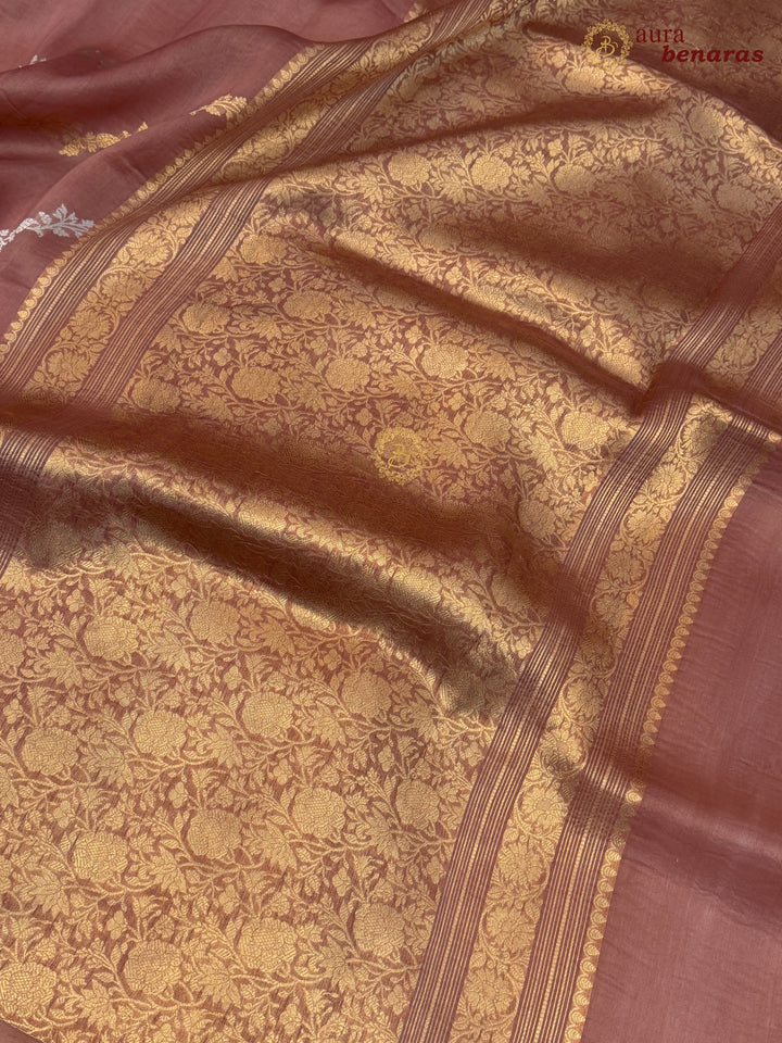 Dusty Rose Kora Silk Banarasi Saree with Kadwa Jaal – Aura Benaras