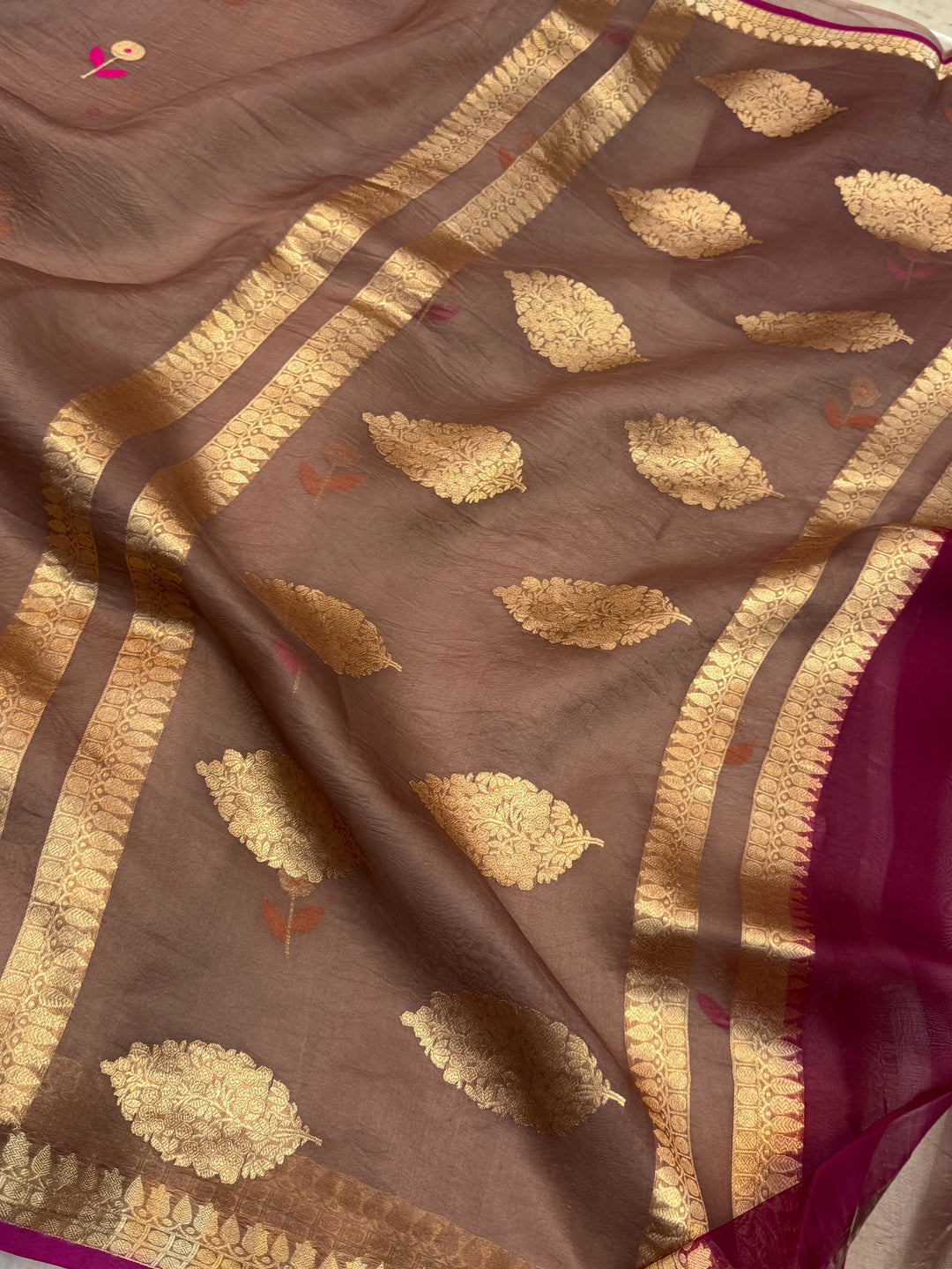 Brown Pure Kora Silk Handloom Banarasi Saree