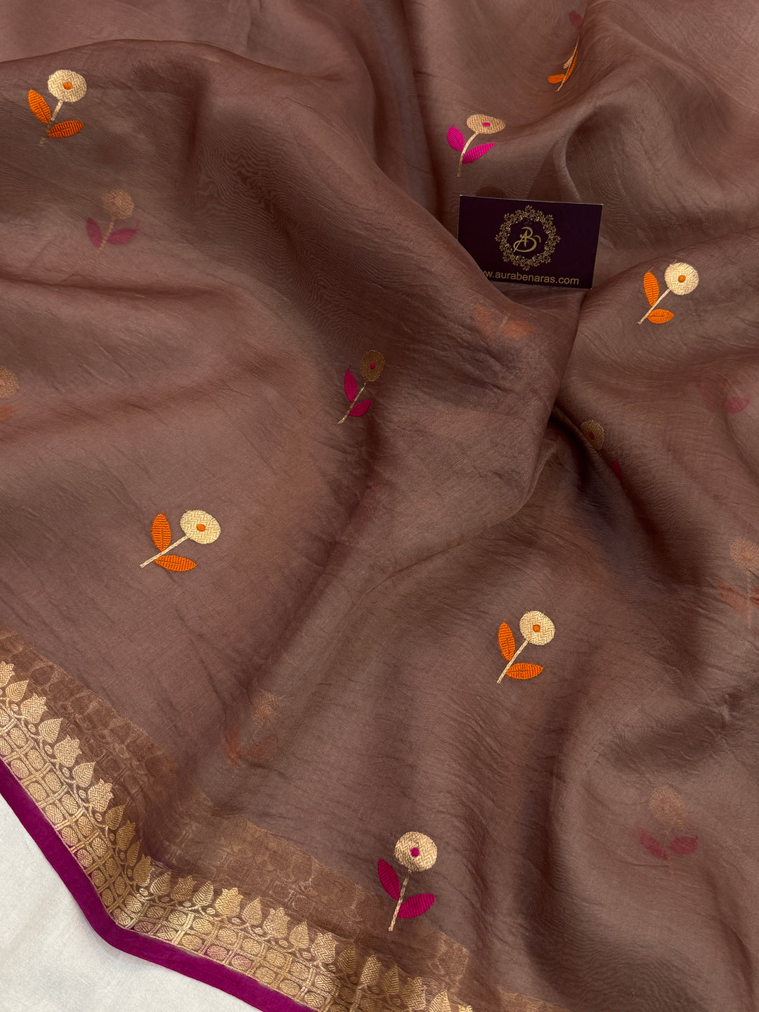 Brown Pure Kora Silk Handloom Banarasi Saree