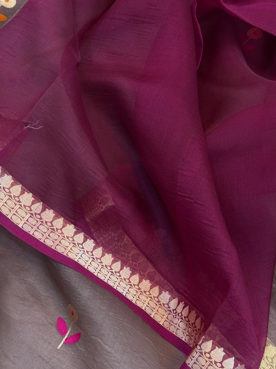 Brown Pure Kora Silk Handloom Banarasi Saree