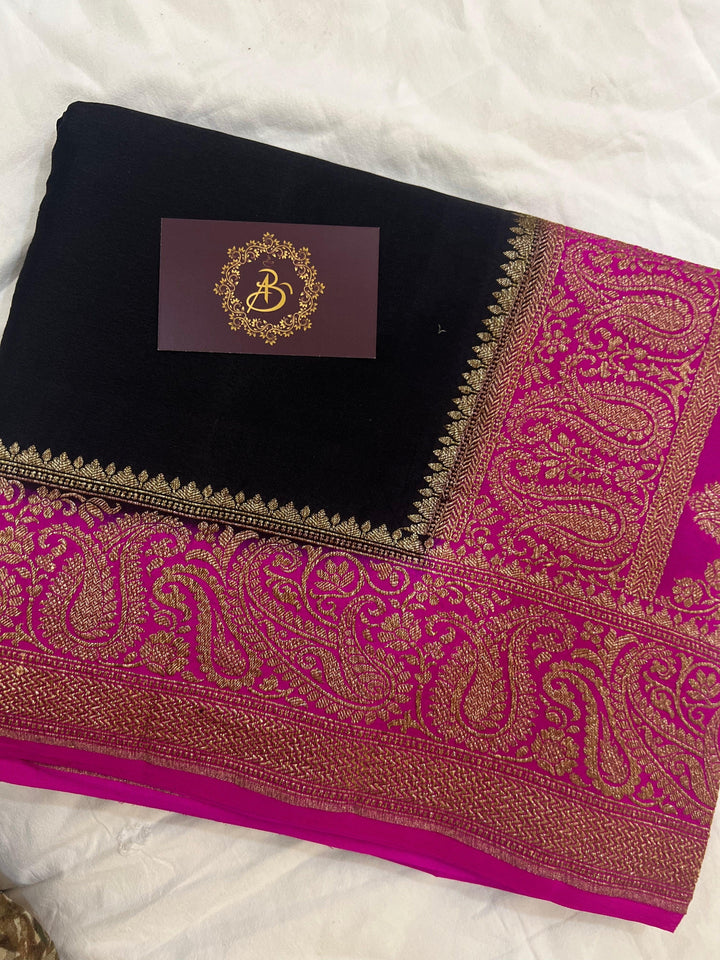 Black Pure Banarasi Khaddi Crepe Silk Saree - Aura Benaras