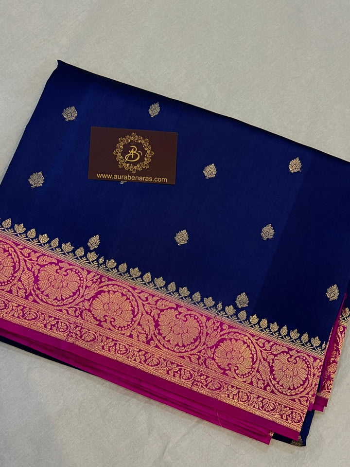 Buy Navy Blue Pure Banarasi Handloom Silk Saree | Aura Benaras