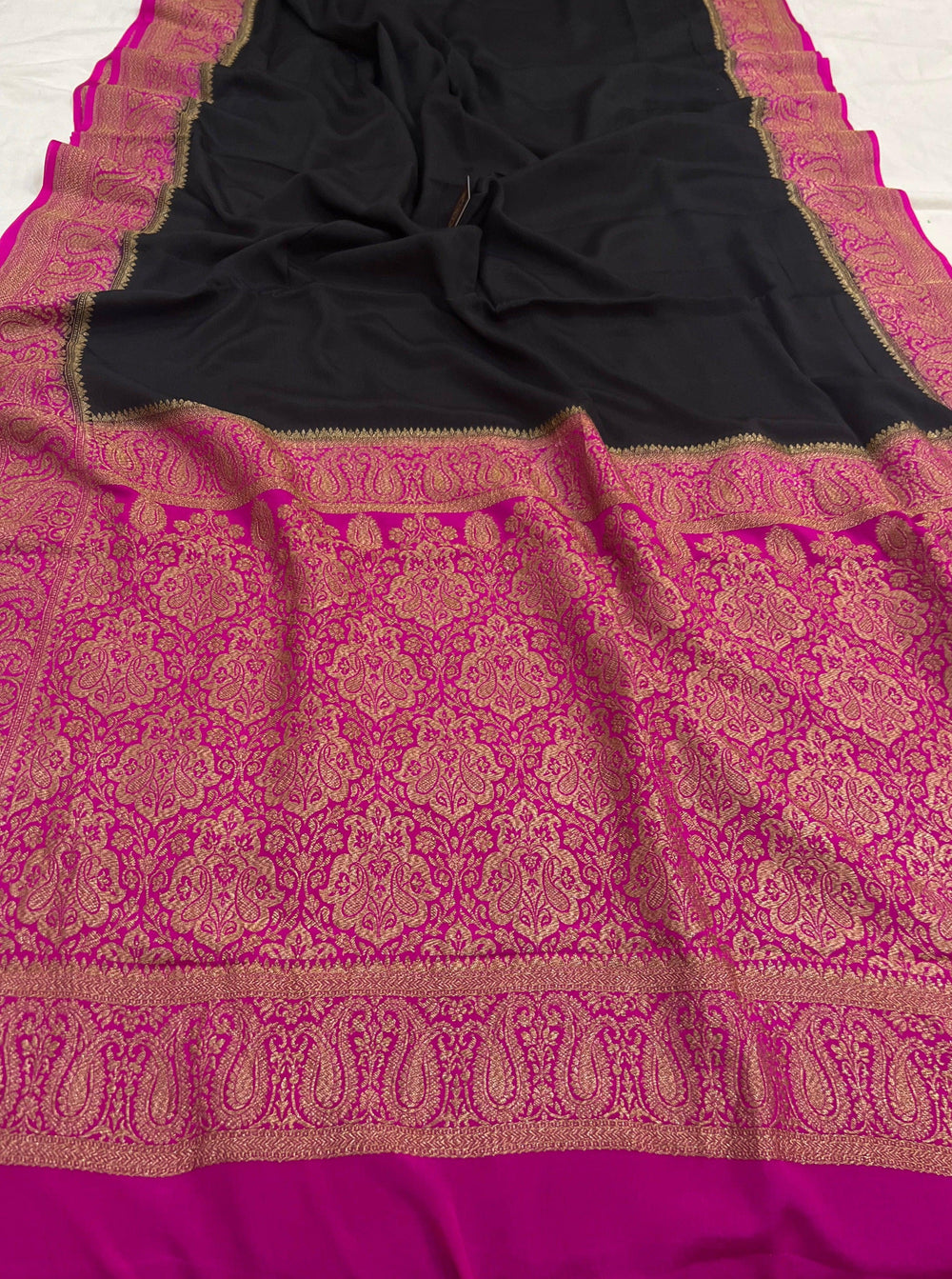 Black Pure Banarasi Khaddi Crepe Silk Saree - Aura Benaras