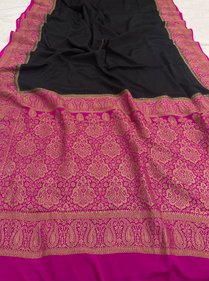 Black Pure Banarasi Khaddi Crepe Silk Saree - Aura Benaras