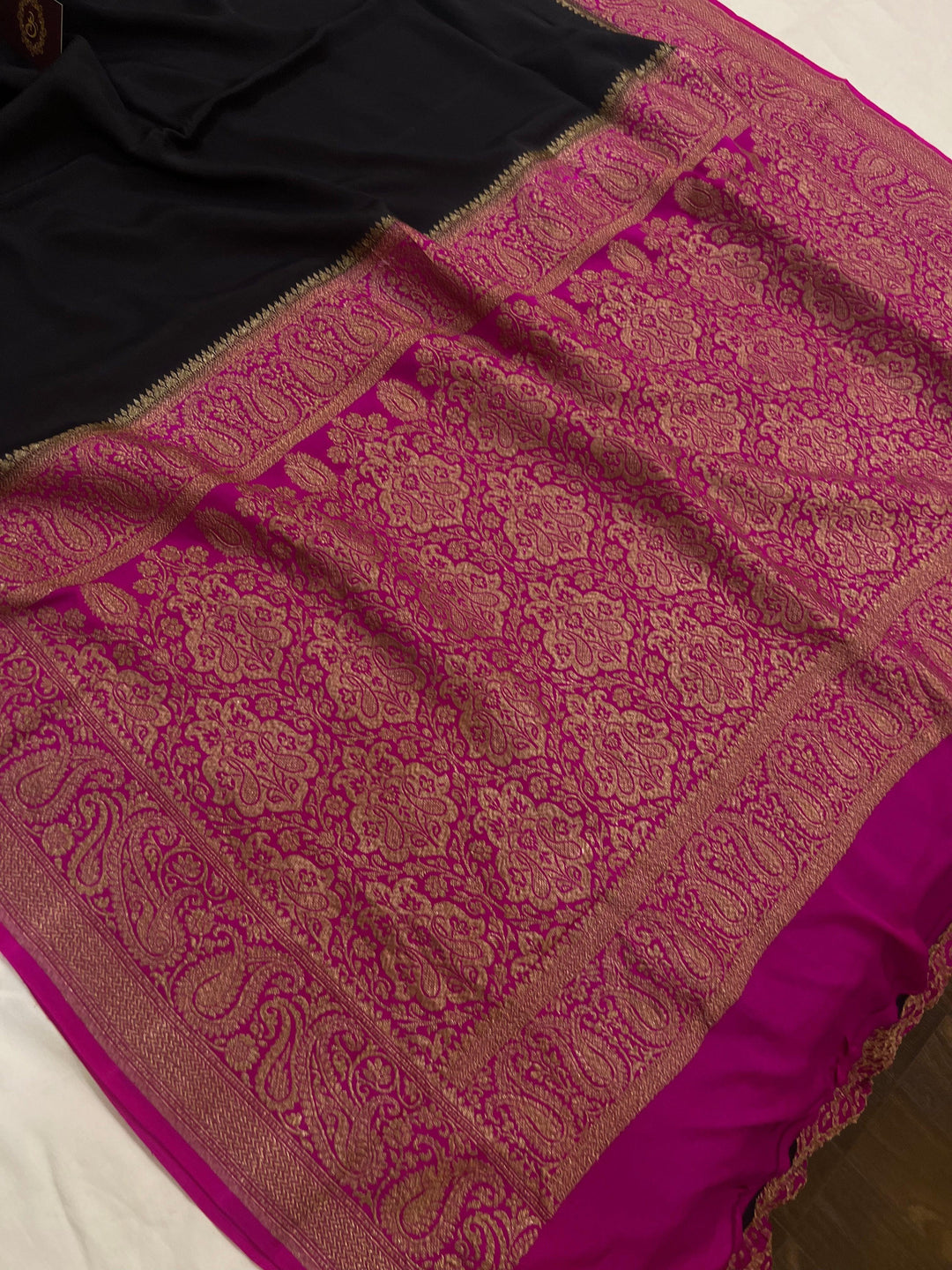 Black Pure Banarasi Khaddi Crepe Silk Saree - Aura Benaras