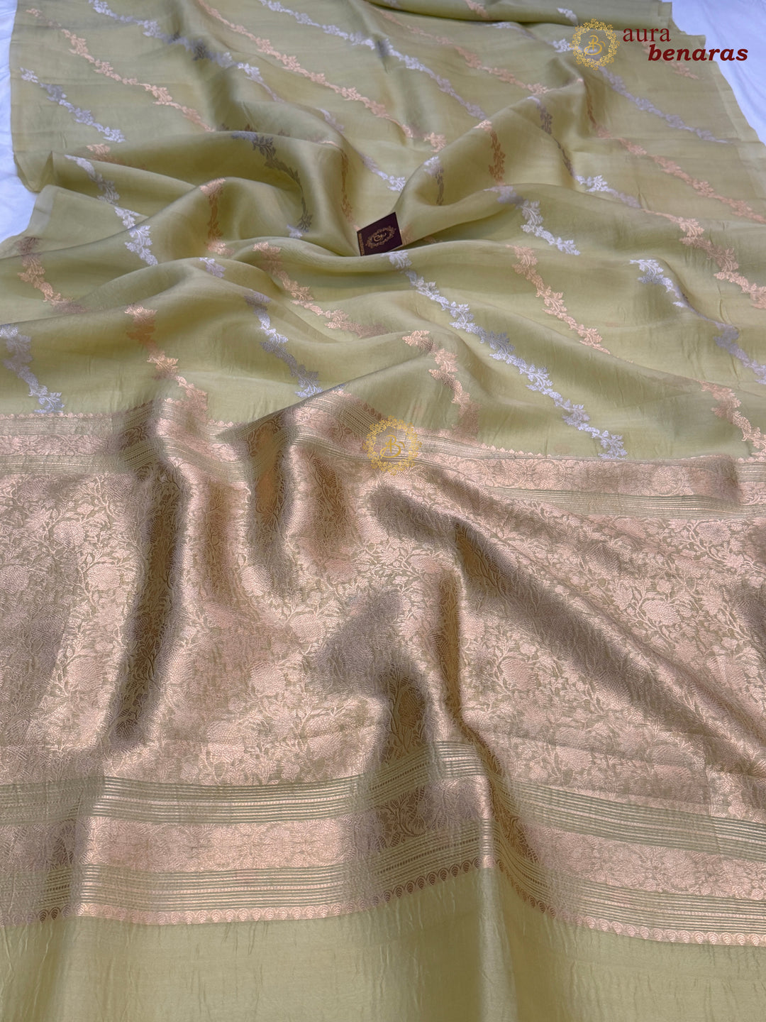 Pastel Olive Kora Silk Banarasi Saree with Kadwa Jaal – Aura Benaras