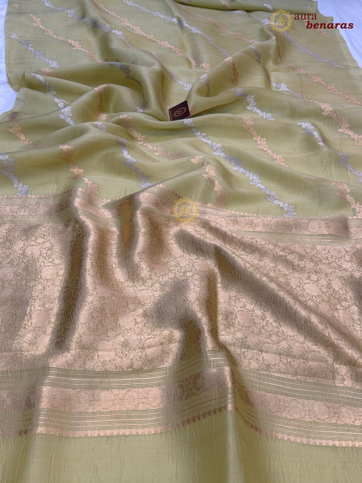 Pastel Olive Kora Silk Banarasi Saree with Kadwa Jaal – Aura Benaras