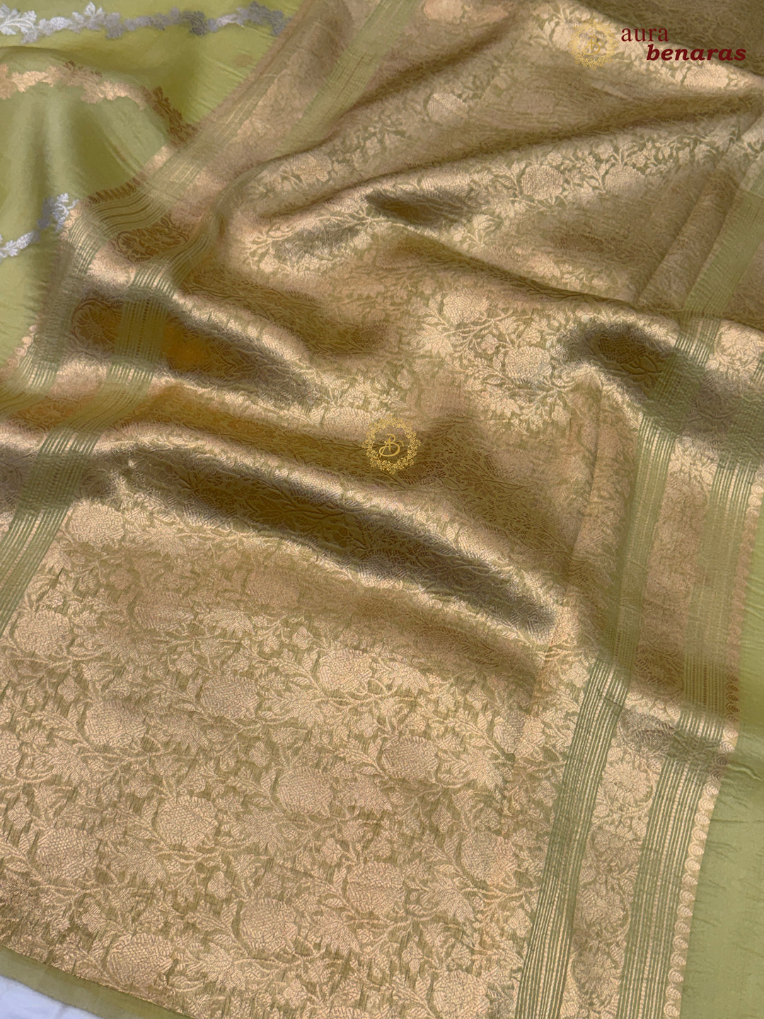 Pastel Olive Kora Silk Banarasi Saree with Kadwa Jaal – Aura Benaras