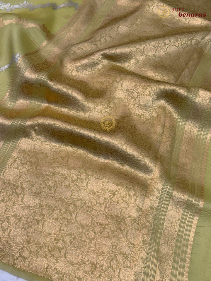 Pastel Olive Kora Silk Banarasi Saree with Kadwa Jaal – Aura Benaras