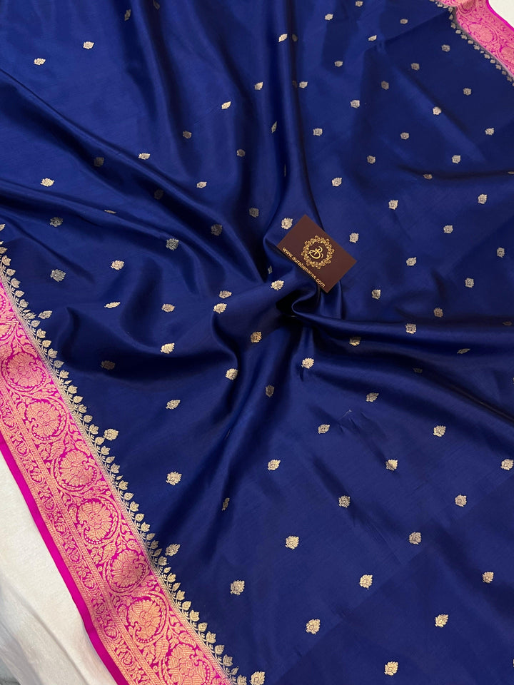 Buy Navy Blue Pure Banarasi Handloom Silk Saree | Aura Benaras