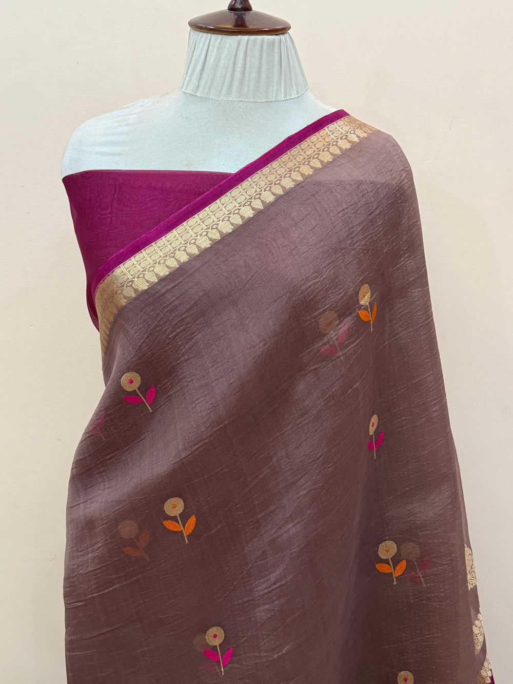 Brown Pure Kora Silk Handloom Banarasi Saree