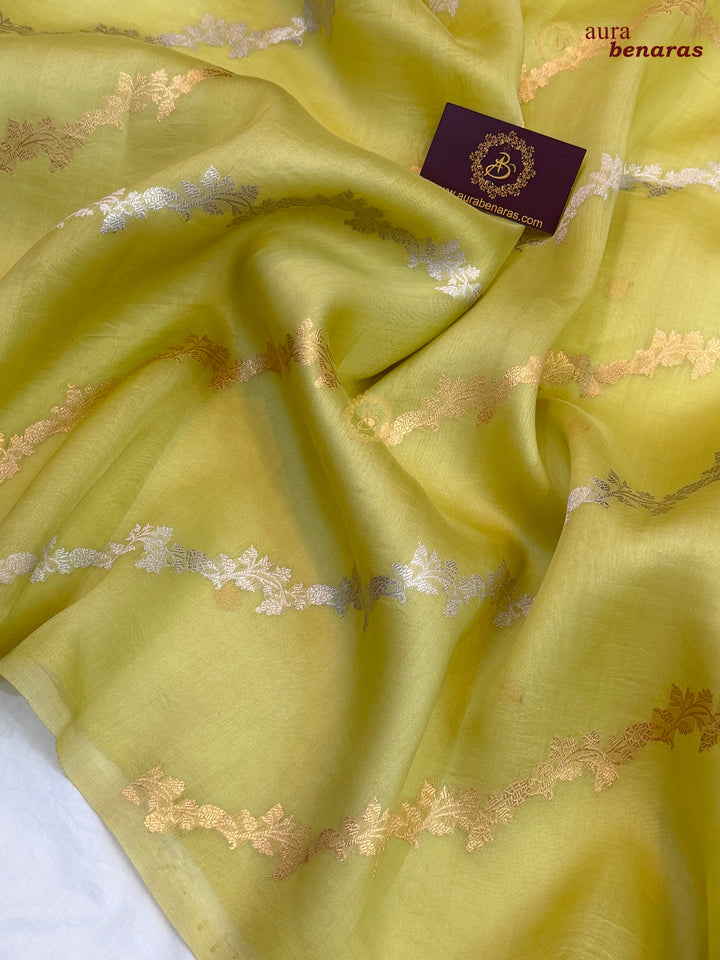 Pastel Olive Kora Silk Banarasi Saree with Kadwa Jaal – Aura Benaras
