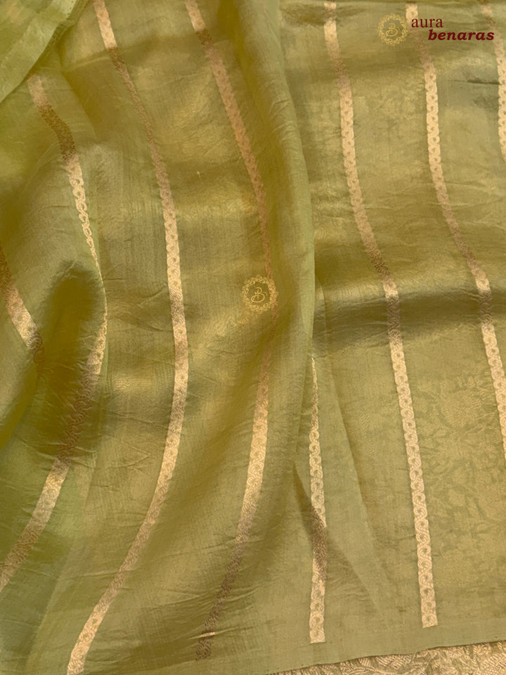 Pastel Olive Kora Silk Banarasi Saree with Kadwa Jaal – Aura Benaras