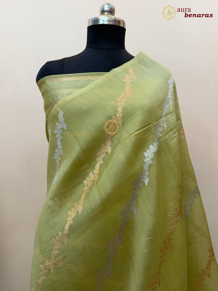 Pastel Olive Kora Silk Banarasi Saree with Kadwa Jaal – Aura Benaras