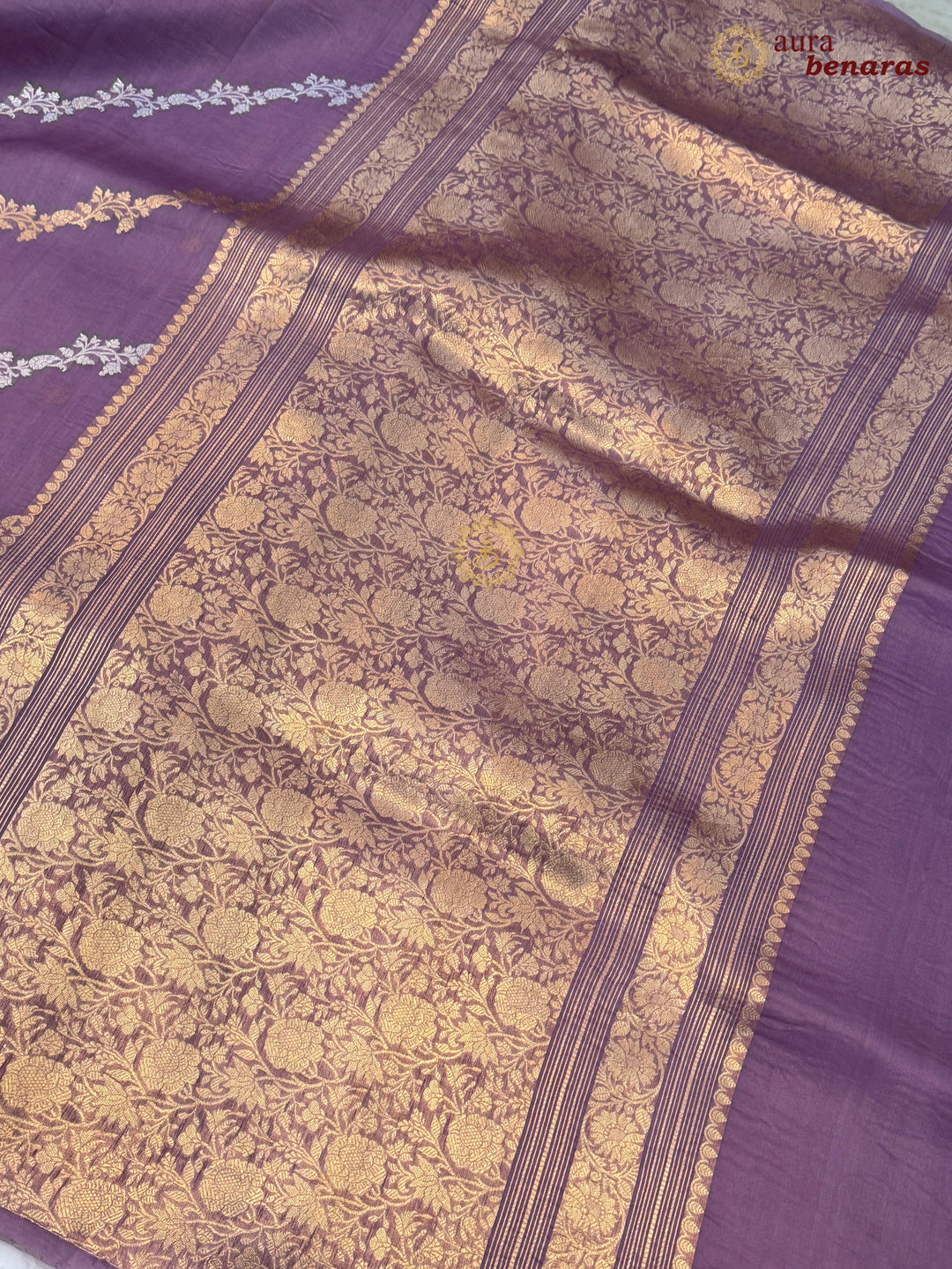 Dusty Lavender Kora Silk Banarasi Saree with Kadwa Jaal – Aura Benaras
