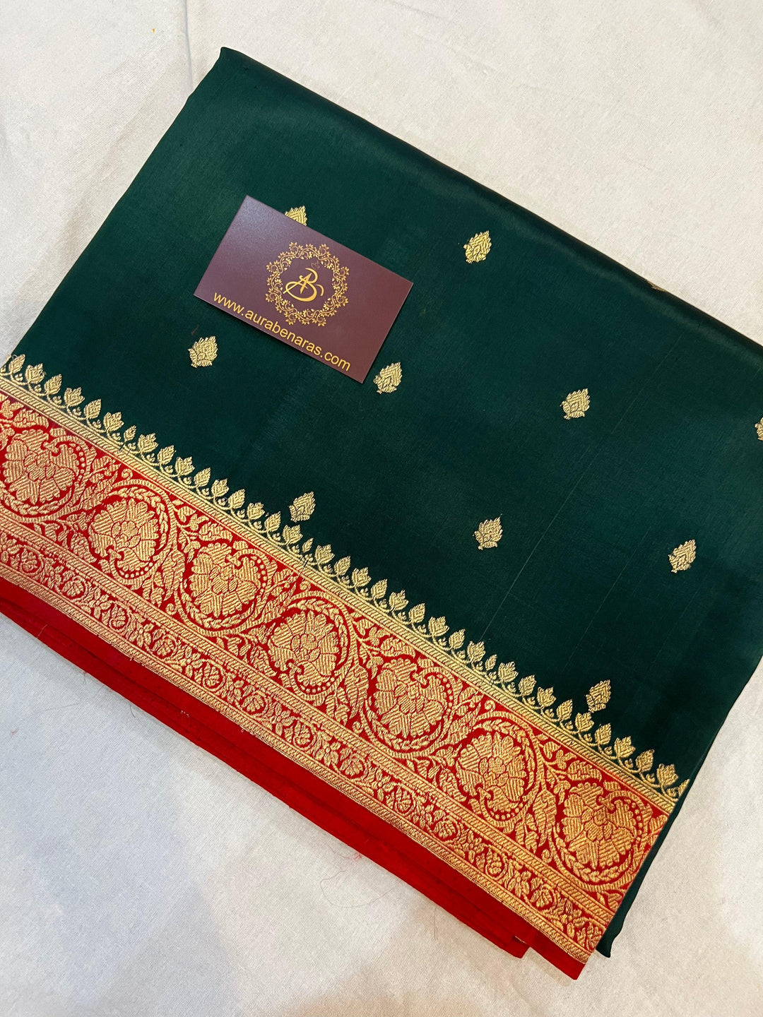 Bottle Green Pure Banarasi Handloom Silk Saree | Aura Benaras