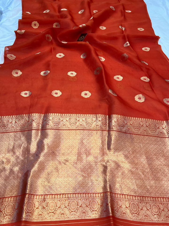 Orange Pure Kora Silk Handloom Banarasi Saree